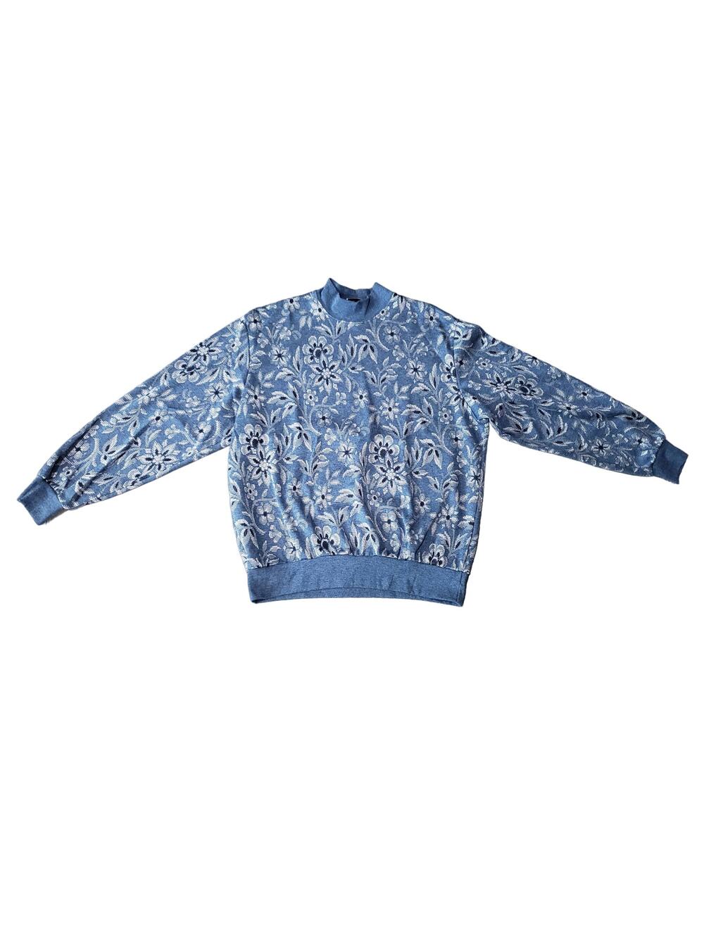 BonWorth Blue Floral Tapestry Mock Collar Long Sleeve Sweater T Shirt